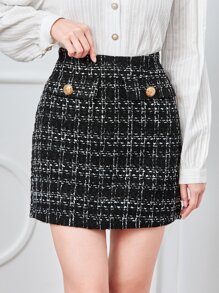 Firerie High Waist Plaid Tweed Skirt - Black - View 1