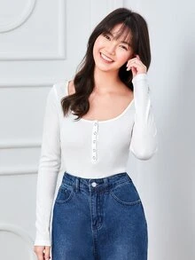 SHEIN BASICS Press Buttoned Front Fitted Top - White - View 3