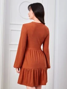 SHEIN Clasi Ruffle Hem Rib-knit Dress - Rust Brown - View 2