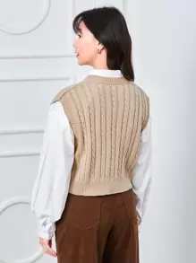 SHEIN LUNE 纜繩針織v領毛衣背心 - 杏色 - 查看 2