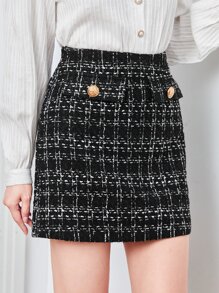 Firerie High Waist Plaid Tweed Skirt - Black - View 3