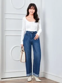 SHEIN BASICS Press Buttoned Front Fitted Top - White - View 5