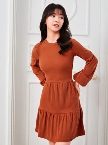 SHEIN Clasi Ruffle Hem Rib-knit Dress - Rust Brown - View 4