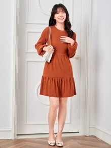 SHEIN Clasi Ruffle Hem Rib-knit Dress - Rust Brown - View 5