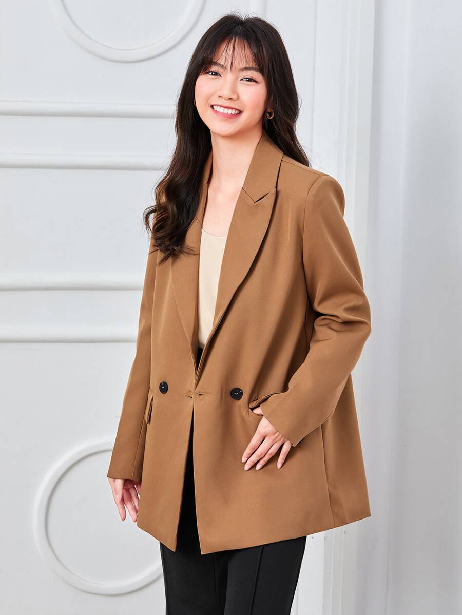 GENKIRA Casual Solid Double Breasted Lapel Neck Blazer  Fall Cloth For Women - Camel - View 1