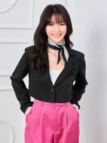 EMERY ROSE Solid Lapel Crop Blazer Fall Cloth For Women - Black - View 1