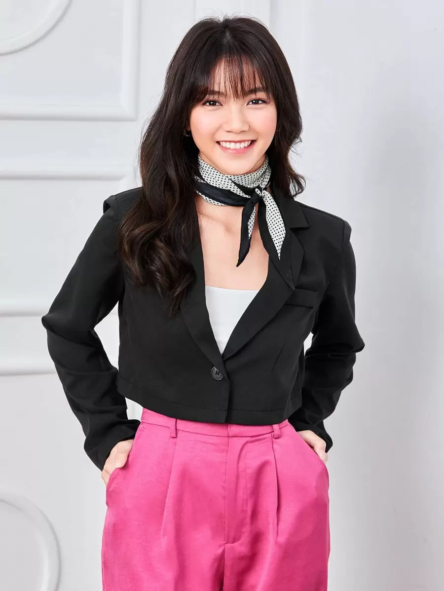 EMERY ROSE Solid Lapel Crop Blazer Fall Cloth For Women - Black - View 1