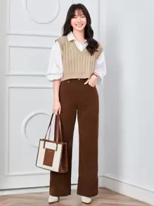 SHEIN LUNE 纜繩針織v領毛衣背心 - 杏色 - 查看 5