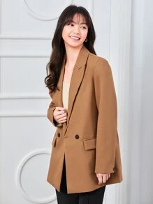 GENKIRA Casual Solid Double Breasted Lapel Neck Blazer  Fall Cloth For Women - Camel - View 5
