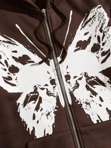 Manfinity VCAY Men Butterfly Print Kangaroo Pocket Thermal Drawstring Hoodie - Chocolate Brown - View 3