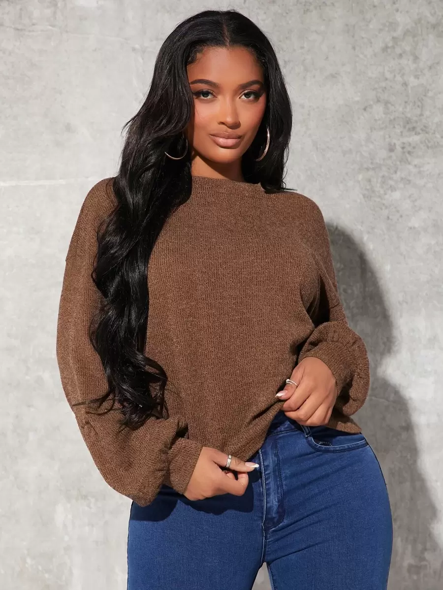 SHEIN SXY Solid Drop Shoulder Pullover,Long Sleeve Tops In Fall/Winter - Coffee Brown - View 1