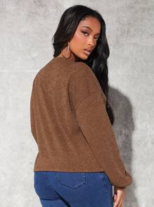 SHEIN SXY Solid Drop Shoulder Pullover,Long Sleeve Tops In Fall/Winter - Coffee Brown - View 2