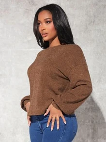 SHEIN SXY Solid Drop Shoulder Pullover,Long Sleeve Tops In Fall/Winter - Coffee Brown - View 5