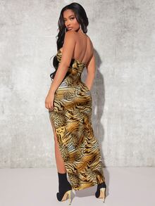 SHEIN SXY Leopard & Tiger Striped Print Split Thigh Tube Dress - Multicolor - View 2