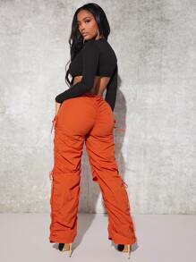 SHEIN SXY 腰部抽繩鏤空褶邊降落傘褲 - 橘色 - 查看 3