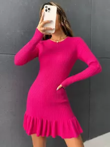 SHEIN Privé Ruffle Hem Ribbed Knit Sweater Dress - Hot Pink - View 1