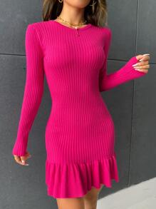 SHEIN Privé Ruffle Hem Ribbed Knit Sweater Dress - Hot Pink - View 3