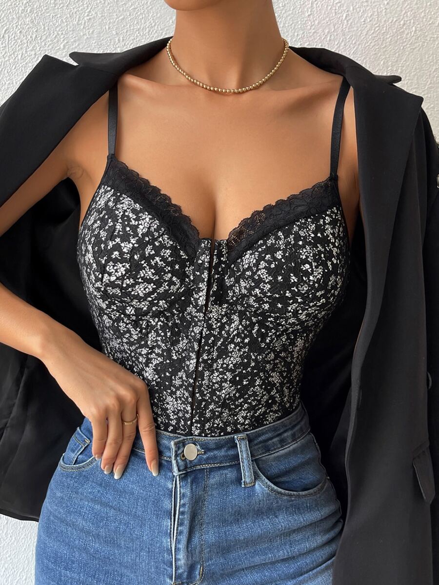 Hook And Eye Lace Cami Bodysuit - Black - View 1