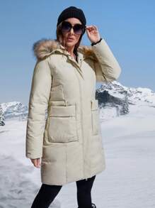 Dual Pockets Fuzzy Trim Hooded Padded Padded Coat Clothes Winter - Beige - View 5
