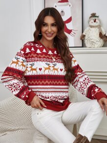 SHEIN Unity Christmas Print Drop Shoulder Sweatshirt - Red and White - View 6