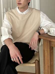 DAZY Hombres Top tank algodón unicolor de cuello redondo - Caqui - Ver 3