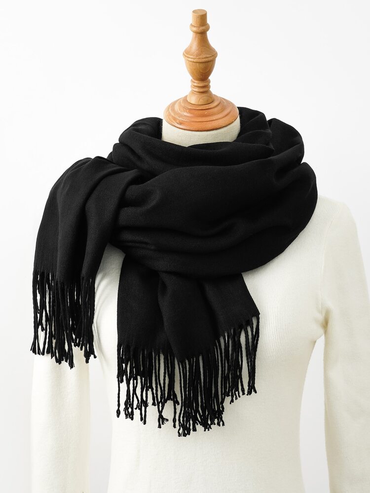 Fringe Trim Scarf - Black - View 1