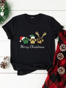 SHEIN LUNE Plus Christmas Print Tee - Black - View 1