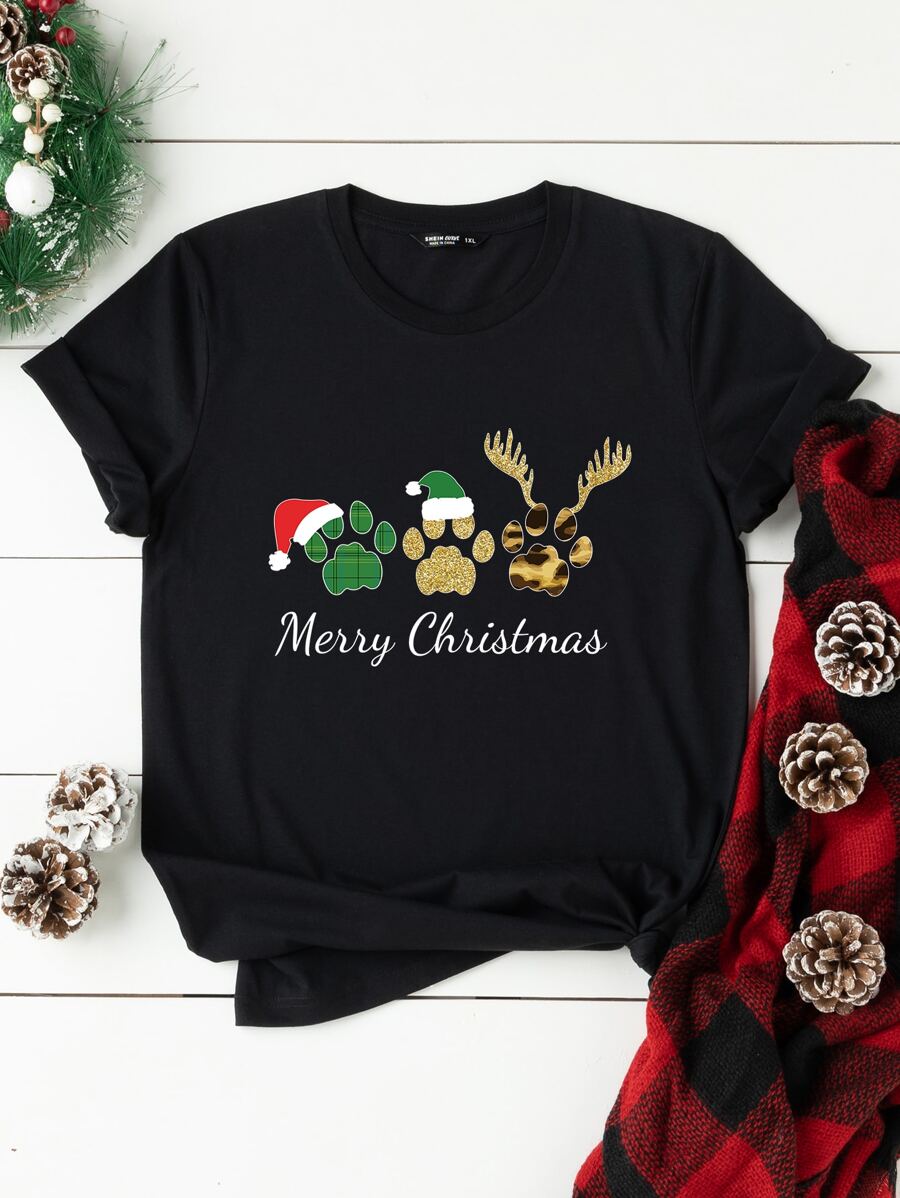 SHEIN LUNE Plus Christmas Print Tee - Black - View 1