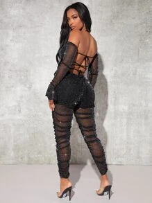 SHEIN SXY Bộ đồ hai mảnh nữ Lộ Lưng Hội Chữ thập Xù cắt Chia Buộc lại màu trơn Gợi cảm - màu đen - Xem 2