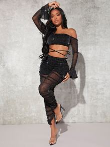 SHEIN SXY Bộ đồ hai mảnh nữ Lộ Lưng Hội Chữ thập Xù cắt Chia Buộc lại màu trơn Gợi cảm - màu đen - Xem 4