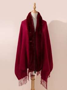 流蘇邊毛茸邊圍巾 - 酒紅色 - 查看 1