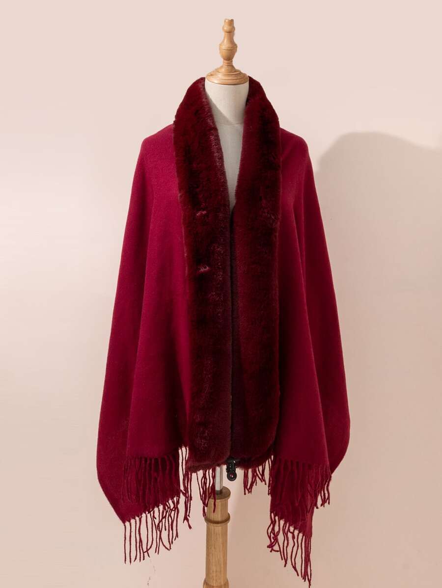 流蘇邊毛茸邊圍巾 - 酒紅色 - 查看 1