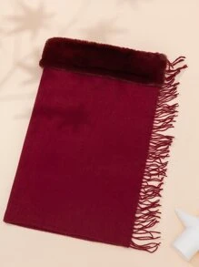 流蘇邊毛茸邊圍巾 - 酒紅色 - 查看 2