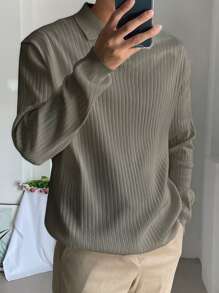 DAZY Men Polo Neck Ribbed Knit Jumper - Khaki - View 5