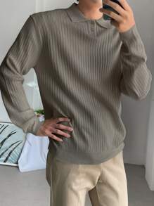 DAZY Men Polo Neck Ribbed Knit Jumper - Khaki - View 2