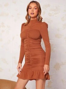 Elegant Eenkleurig Jurk Zonder rug Ruches Geribd