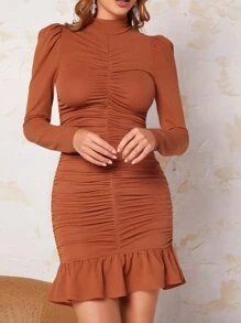 Elegant Eenkleurig Jurk Zonder rug Ruches Geribd