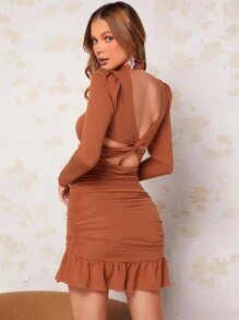 Elegant Eenkleurig Jurk Zonder rug Ruches Geribd