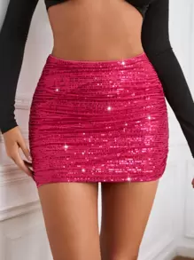 SHEIN BAE Sequin Mini Bodycon Skirt - Hot Pink - View 1