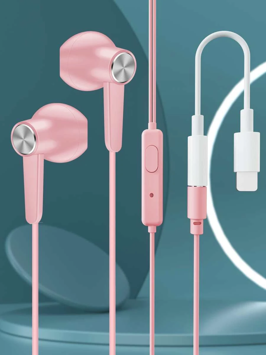 1pc 3.5MM Jack Wired In-ear Headphone With Lightning Adapter - Pink - View 1