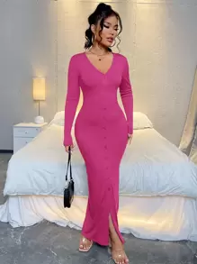 SHEIN SXY Button Through Rib Knit Bodycon Dress - Pink - View 1