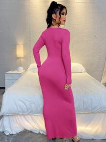 SHEIN SXY Button Through Rib Knit Bodycon Dress - Pink - View 2