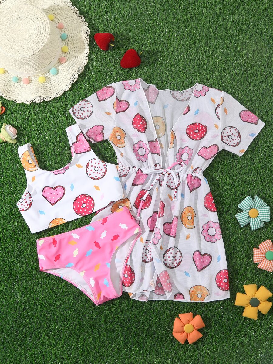 Young Girl 3packs Random Donut Print Drawstring Waist Bikini Set Summer Beach - Multicolor - View 1