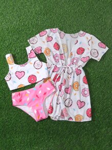 Young Girl 3packs Random Donut Print Drawstring Waist Bikini Set Summer Beach - Multicolor - View 3