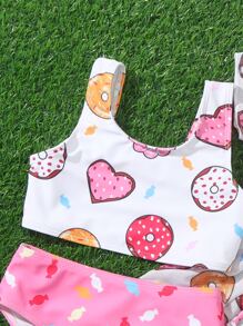 Young Girl 3packs Random Donut Print Drawstring Waist Bikini Set Summer Beach - Multicolor - View 5