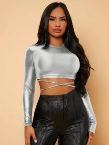SHEIN SXY Tie Back PU Leather Crop Top - Silver - View 1