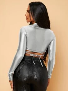 SHEIN SXY Tie Back PU Leather Crop Top - Silver - View 2