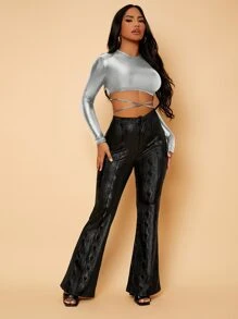 SHEIN SXY Tie Back PU Leather Crop Top - Silver - View 3