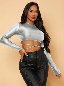 SHEIN SXY Tie Back PU Leather Crop Top - Silver - View 5