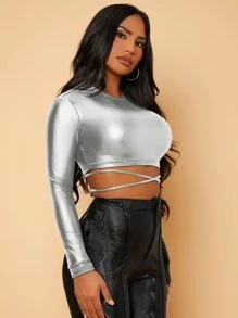 SHEIN SXY Tie Back PU Leather Crop Top - Silver - View 6